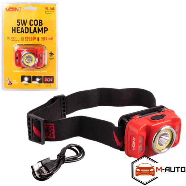 Ліхтар налобний VOIN VL-146, 5W-COB+(W/R)+5W XPE/АКБ1800mAh/рег. нахилу/сенсор VL-146 (40/10) фото